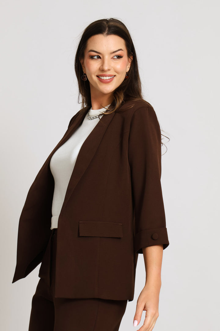 Button Turn Up Blazer - Dark Chocolate