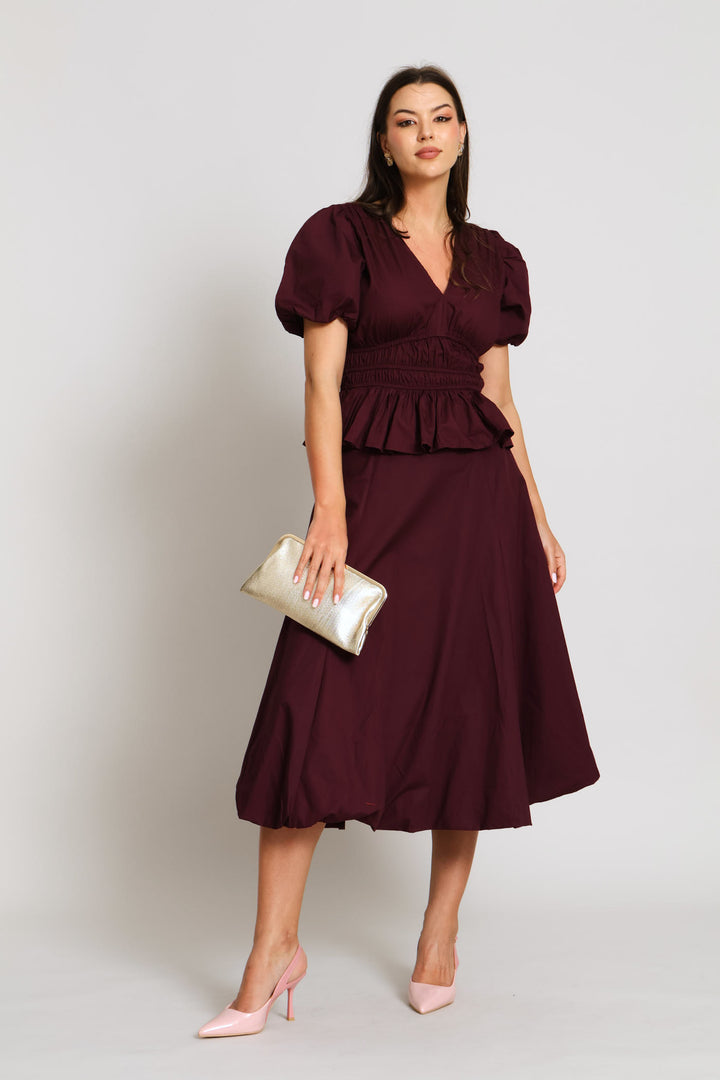 Crop Bubble Sleeve V-Neck Peplum Blouse - Plum