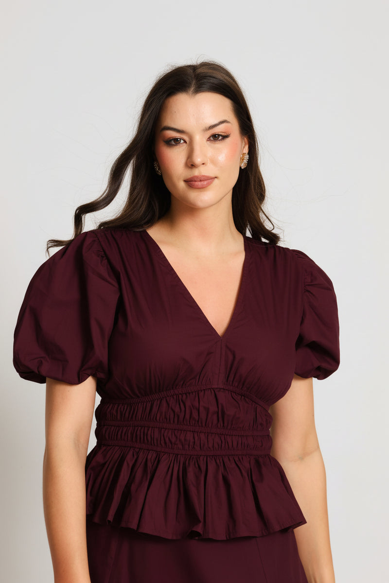 Crop Bubble Sleeve V-Neck Peplum Blouse - Plum