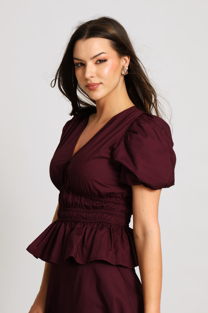 Crop Bubble Sleeve V-Neck Peplum Blouse - Plum