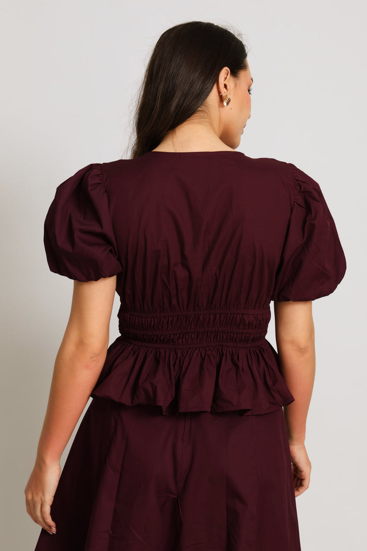 Crop Bubble Sleeve V-Neck Peplum Blouse - Plum