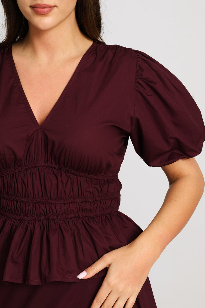 Crop Bubble Sleeve V-Neck Peplum Blouse - Plum