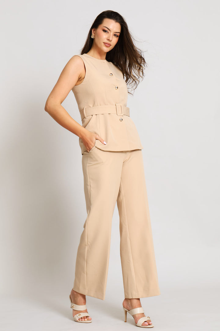Belted Long Length Waistcoat - Stone