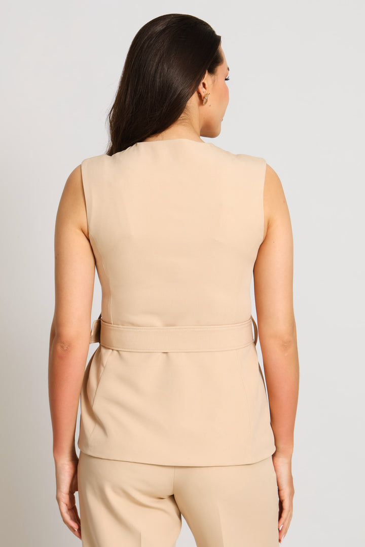 Belted Long Length Waistcoat - Stone