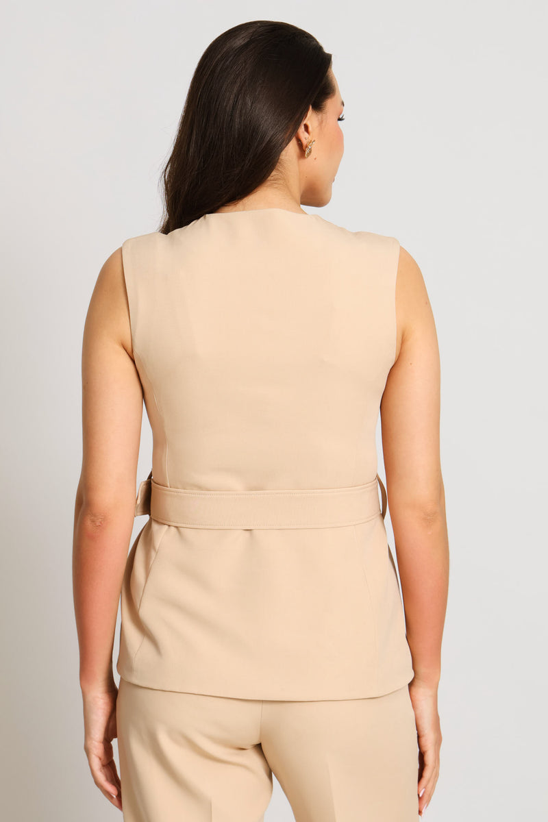 Belted Long Length Waistcoat - Stone