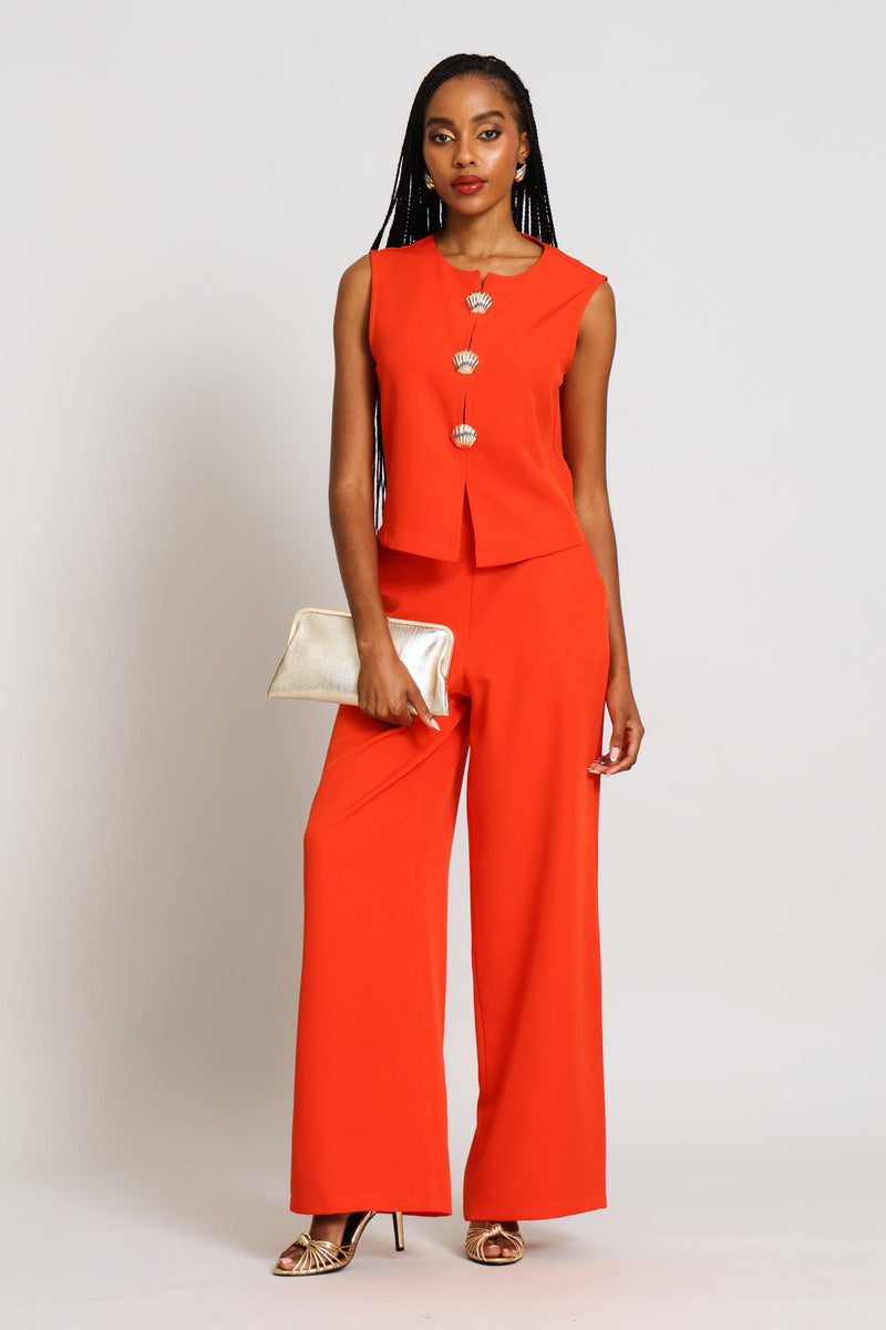 Three Button Wide Leg Pant - Coral