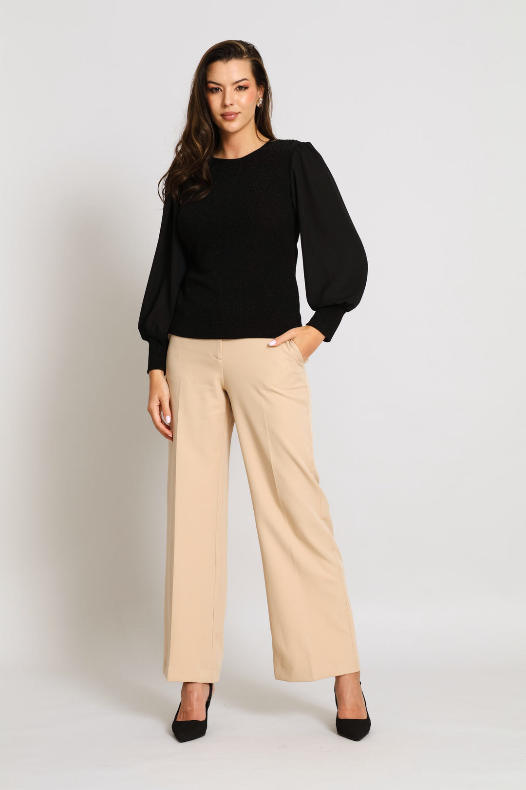 Gauged Shoulder Shimmer Combo Blouse - Black