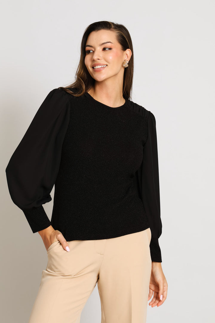 Gauged Shoulder Shimmer Combo Blouse - Black