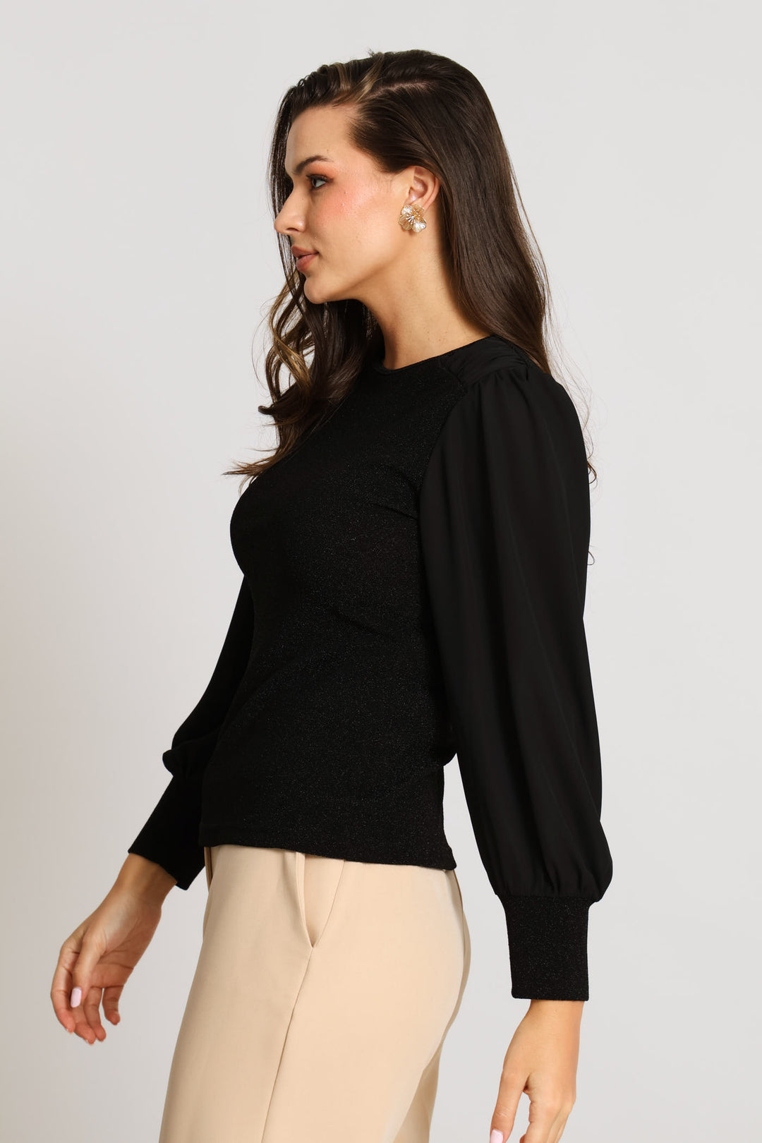 Gauged Shoulder Shimmer Combo Blouse - Black