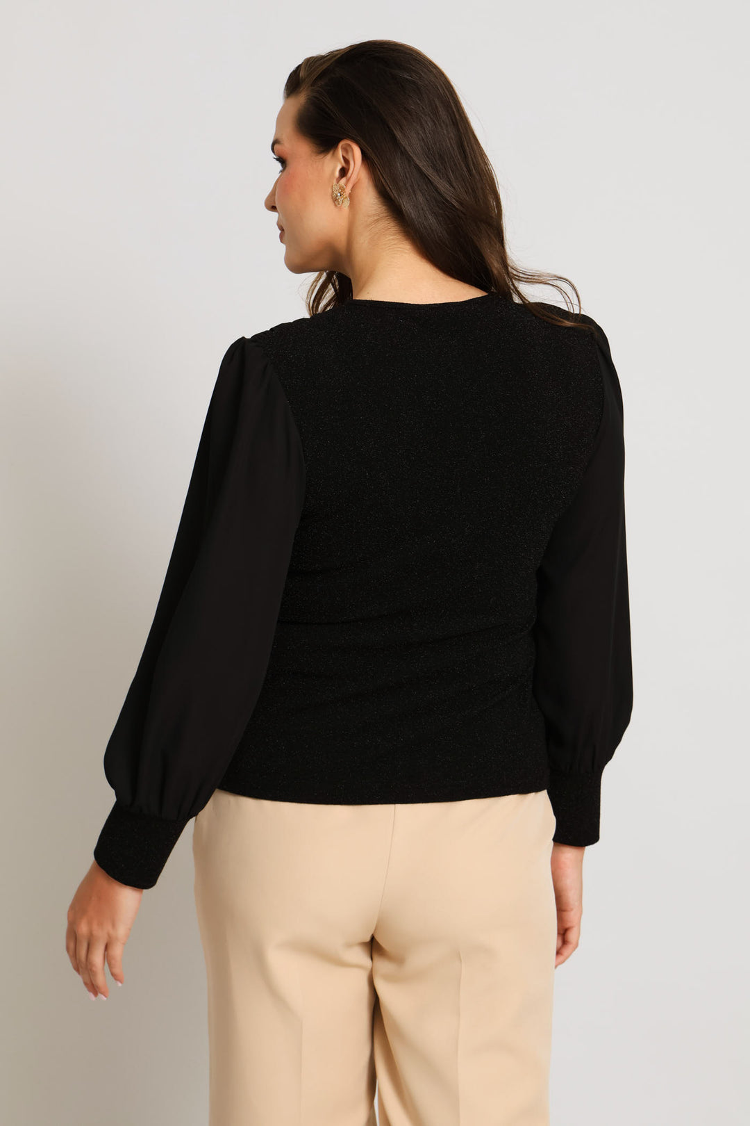 Gauged Shoulder Shimmer Combo Blouse - Black