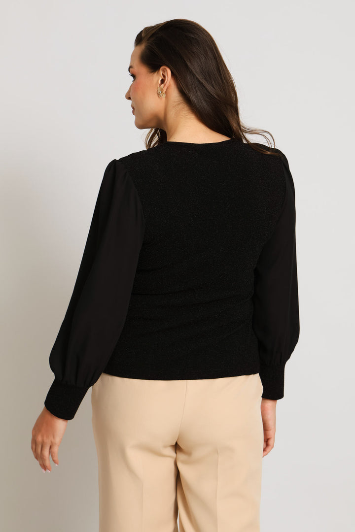 Gauged Shoulder Shimmer Combo Blouse - Black