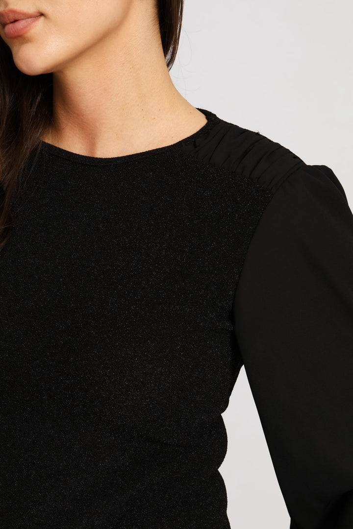 Gauged Shoulder Shimmer Combo Blouse - Black