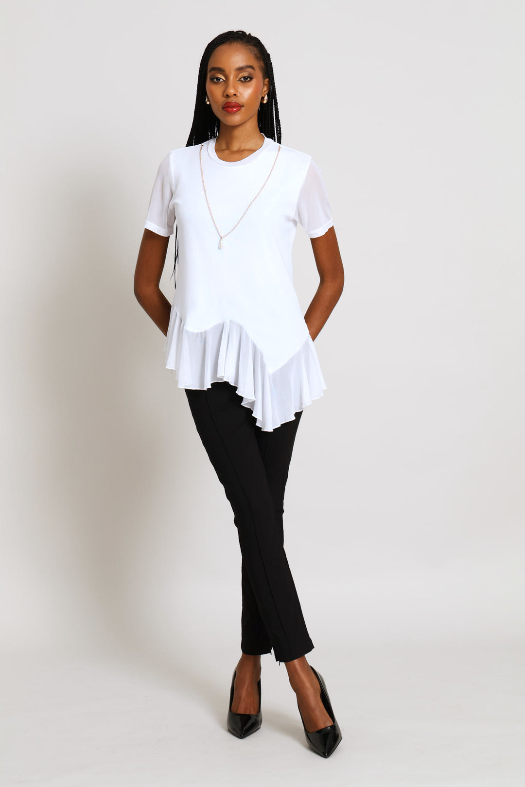 Frill Hem Mesh Blouse - White