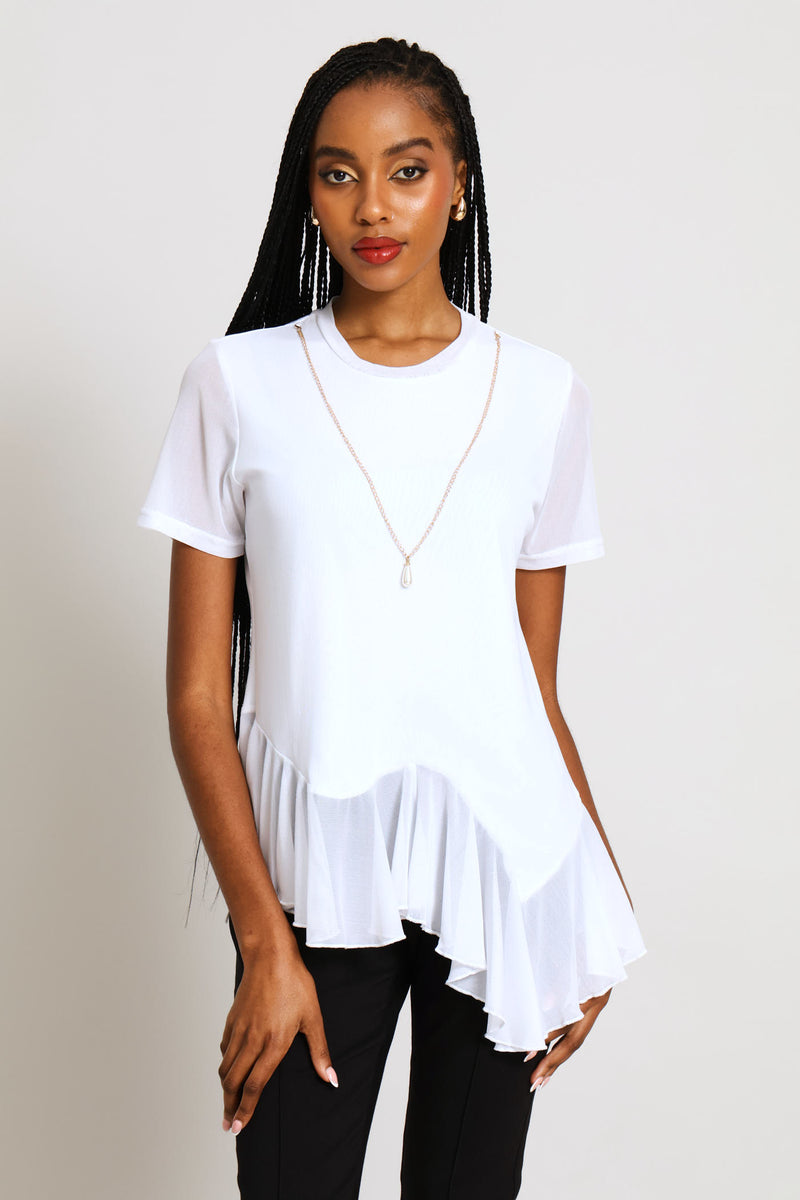 Frill Hem Mesh Blouse - White