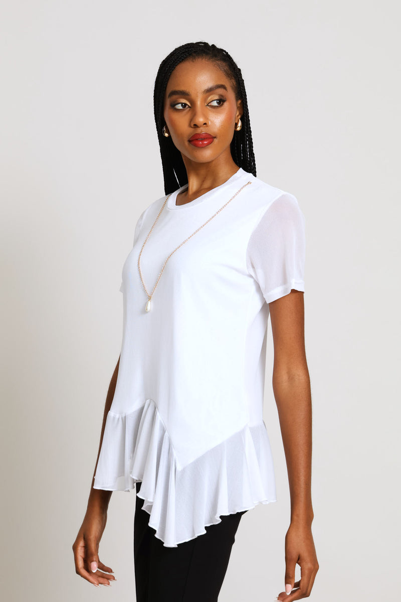 Frill Hem Mesh Blouse - White