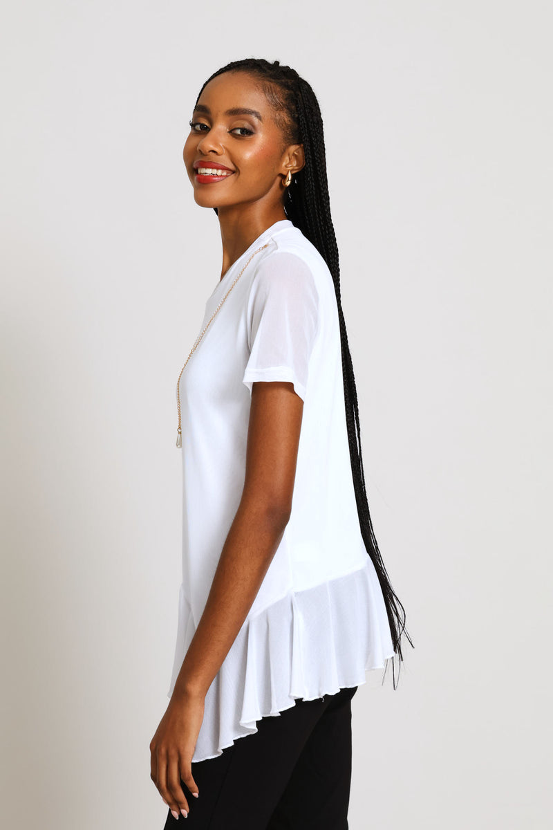 Frill Hem Mesh Blouse - White
