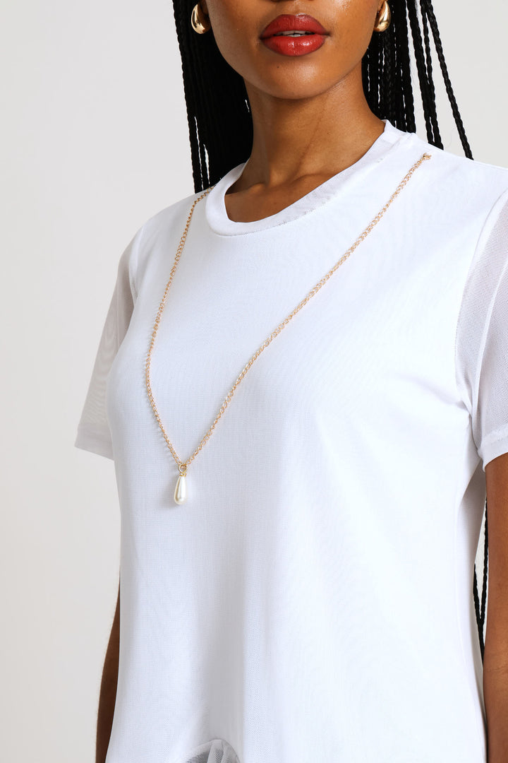 Frill Hem Mesh Blouse - White