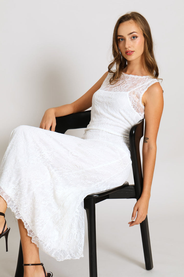 Lace Flared Maxi Dress - Cream