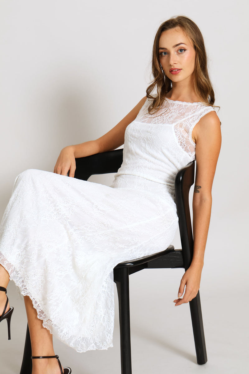 Lace Flared Maxi Dress - Cream