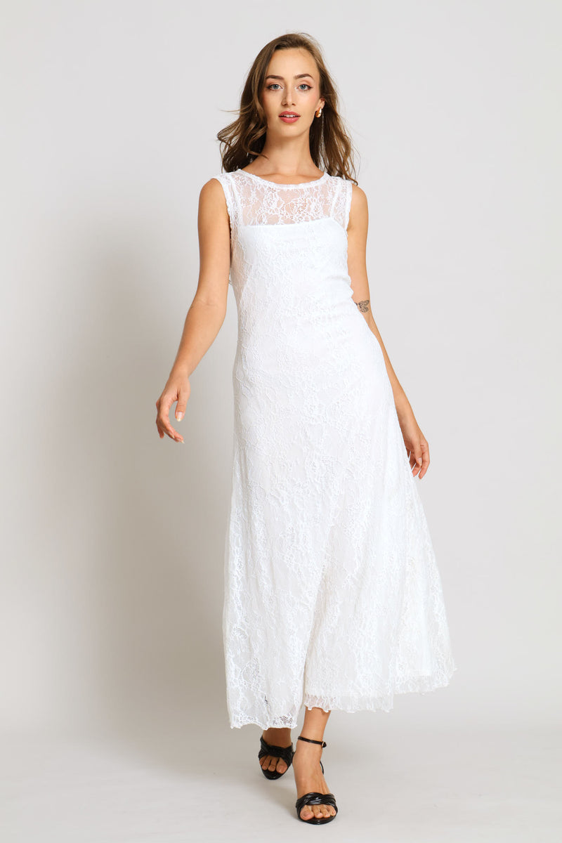 Lace Flared Maxi Dress - Cream