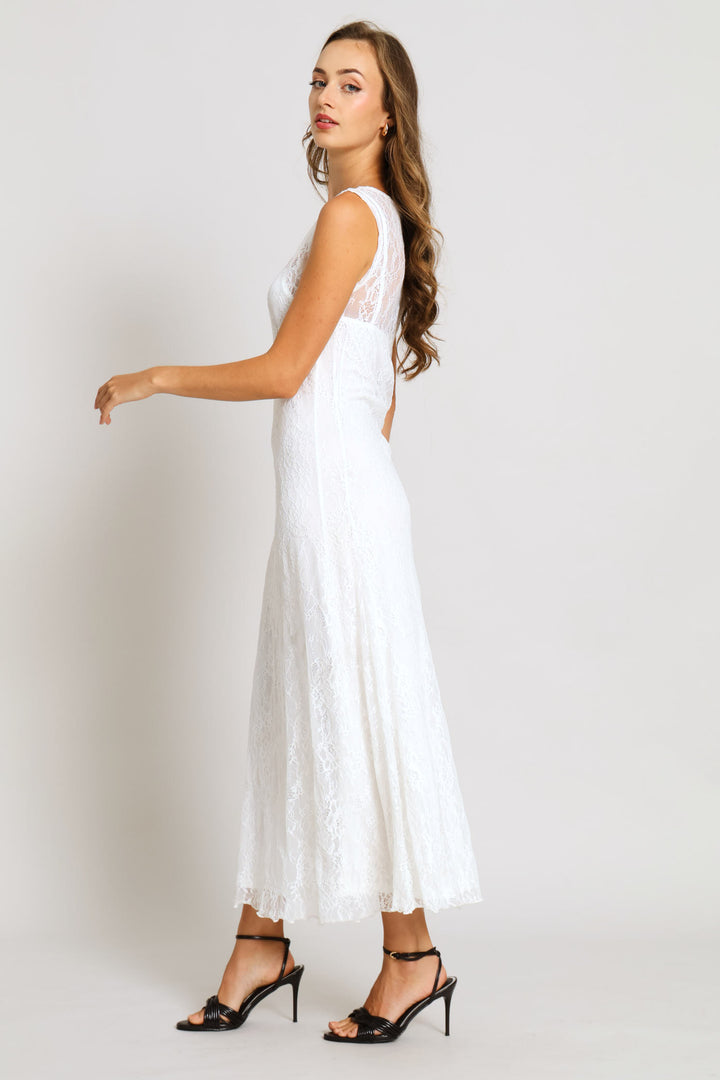 Lace Flared Maxi Dress - Cream