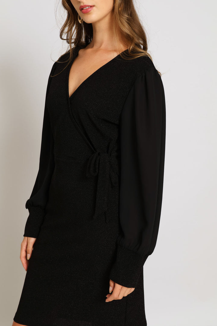 Wrap Tie Shimmer Combo Dress - Black