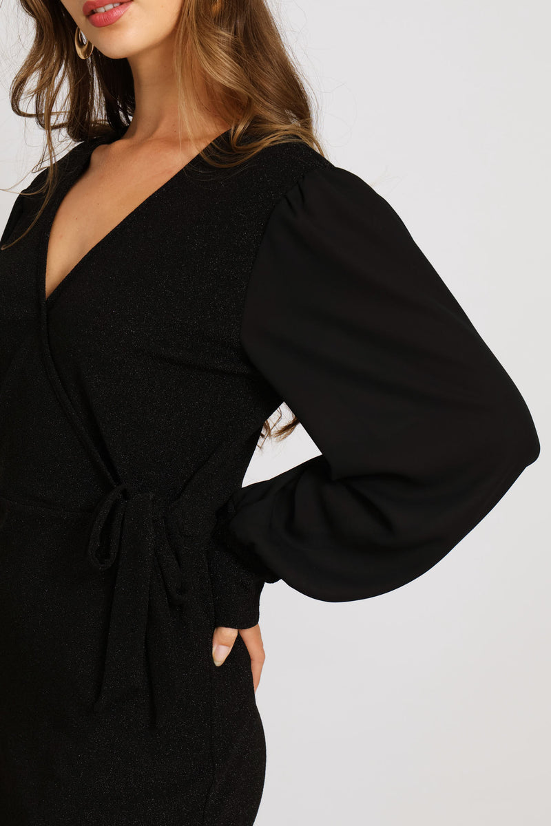 Wrap Tie Shimmer Combo Dress - Black