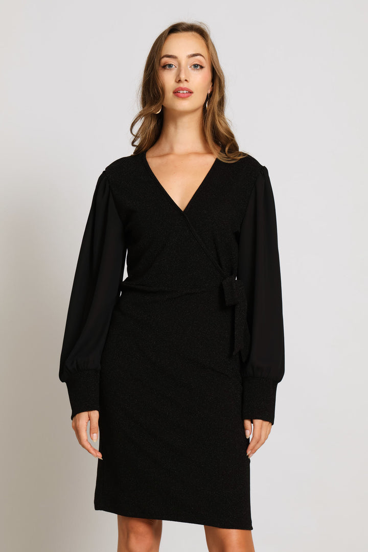 Wrap Tie Shimmer Combo Dress - Black