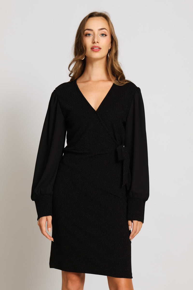 Wrap Tie Shimmer Combo Dress - Black