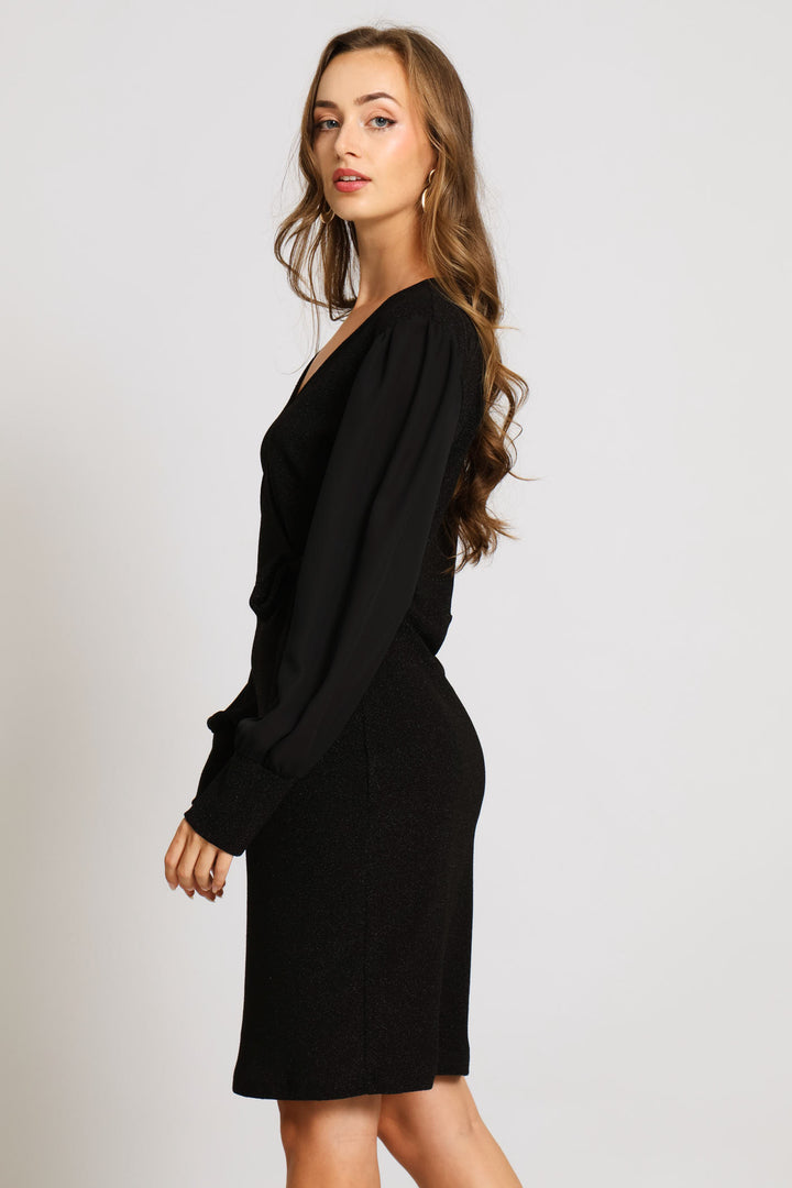 Wrap Tie Shimmer Combo Dress - Black