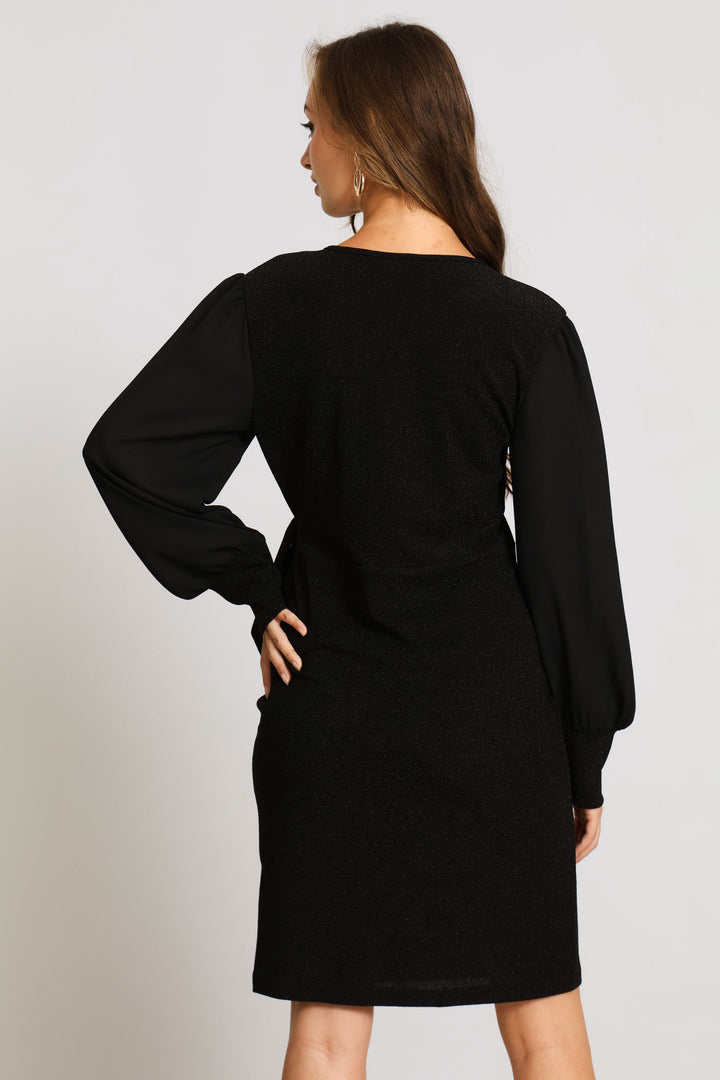 Wrap Tie Shimmer Combo Dress - Black