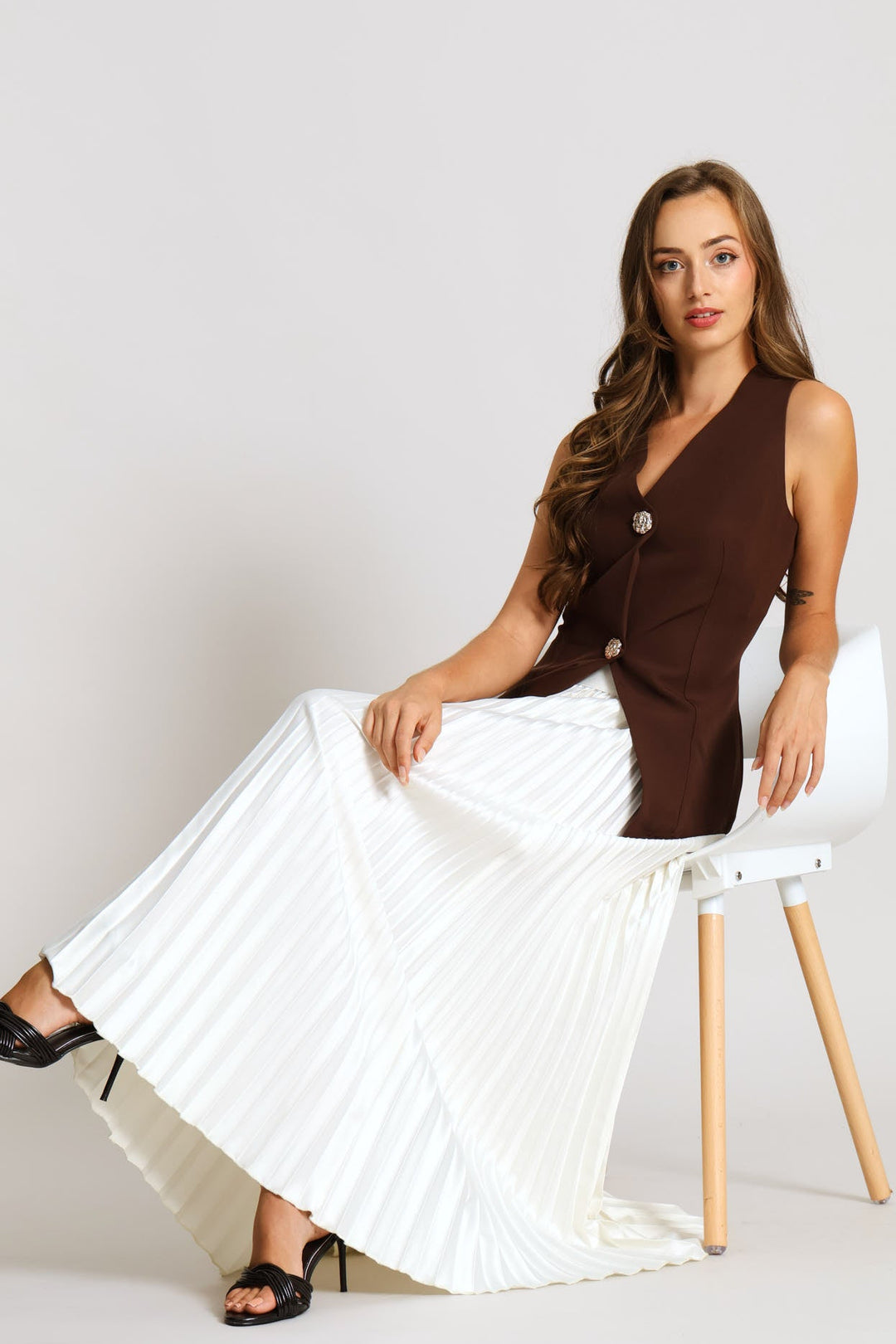 Fancy Button Notch Hem Waistcoat - Dark Chocolate