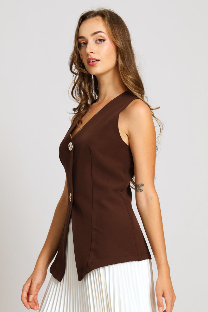 Fancy Button Notch Hem Waistcoat - Dark Chocolate