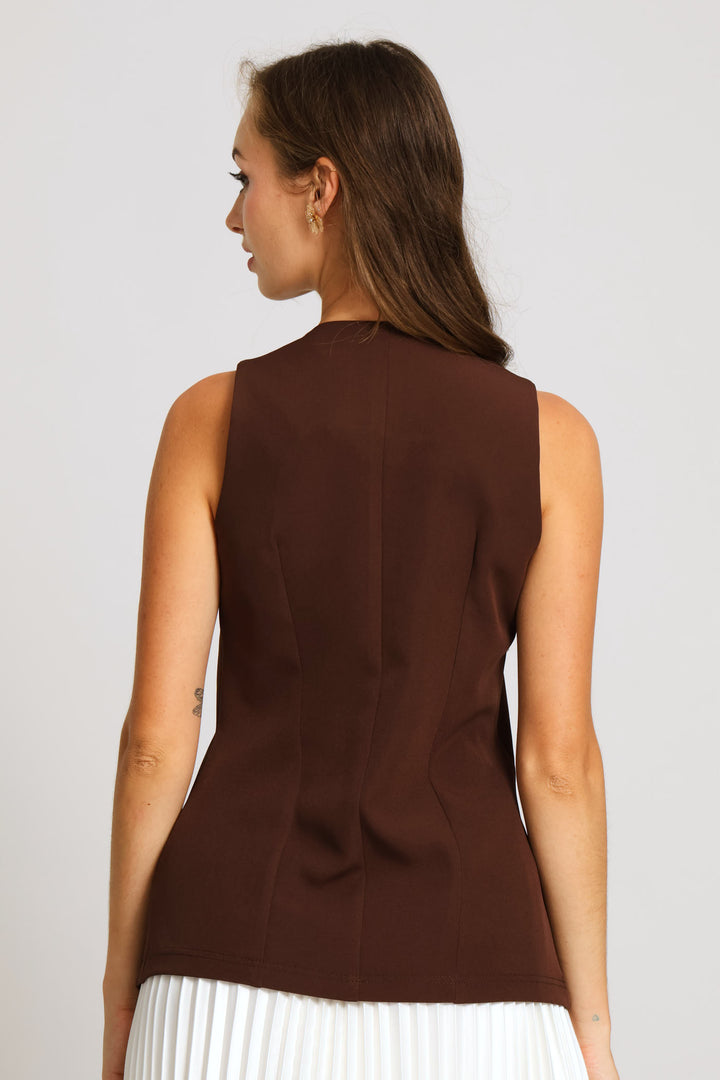 Fancy Button Notch Hem Waistcoat - Dark Chocolate