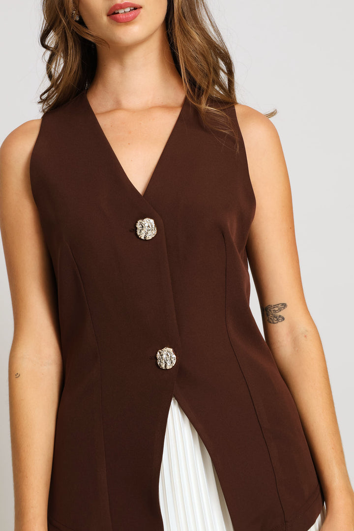 Fancy Button Notch Hem Waistcoat - Dark Chocolate