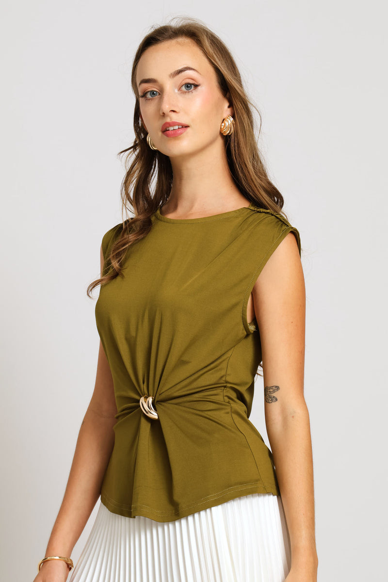 Trim Ruched Slinky Top - Deep Chartreuse
