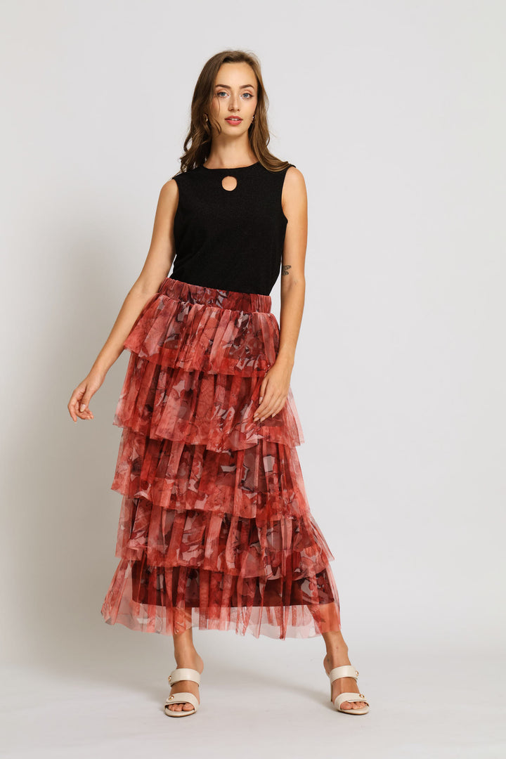 Tiered Floral Rara Maxi Skirt - Coral