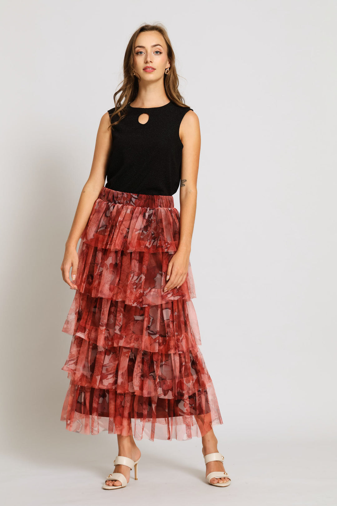 Tiered Floral Rara Maxi Skirt - Coral
