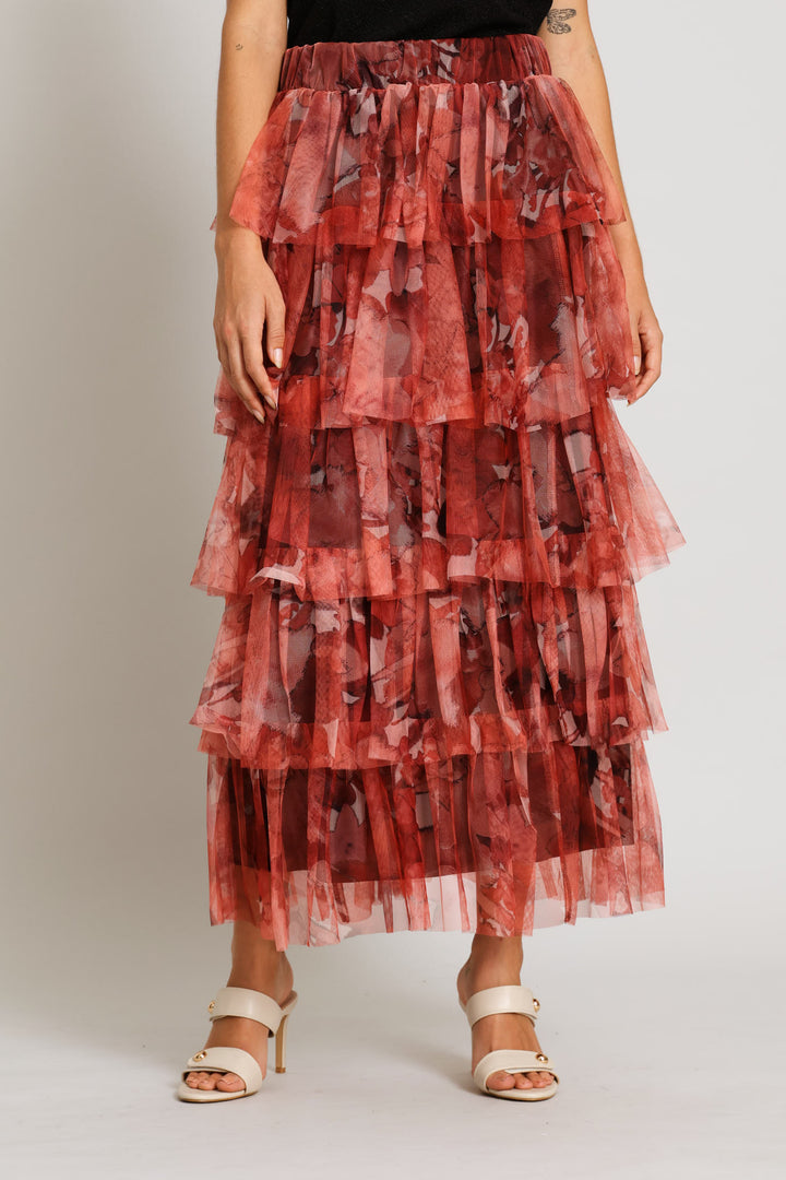 Tiered Floral Rara Maxi Skirt - Coral