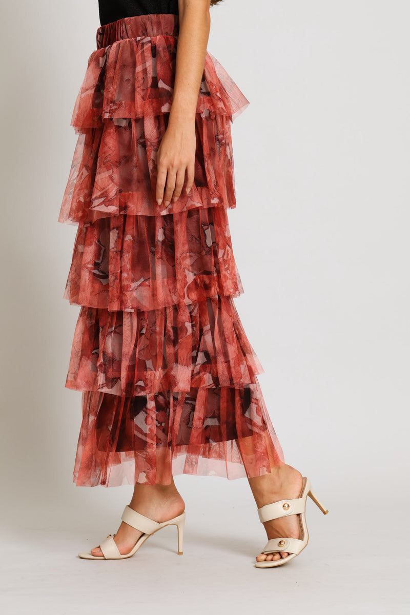 Tiered Floral Rara Maxi Skirt - Coral