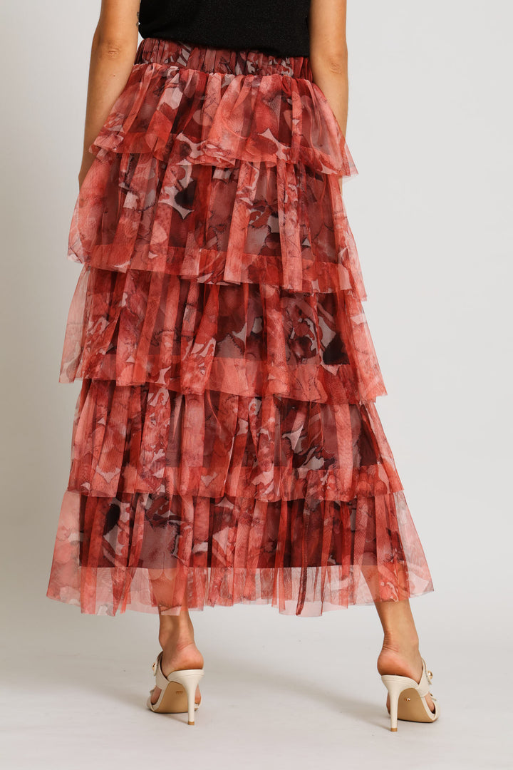 Tiered Floral Rara Maxi Skirt - Coral