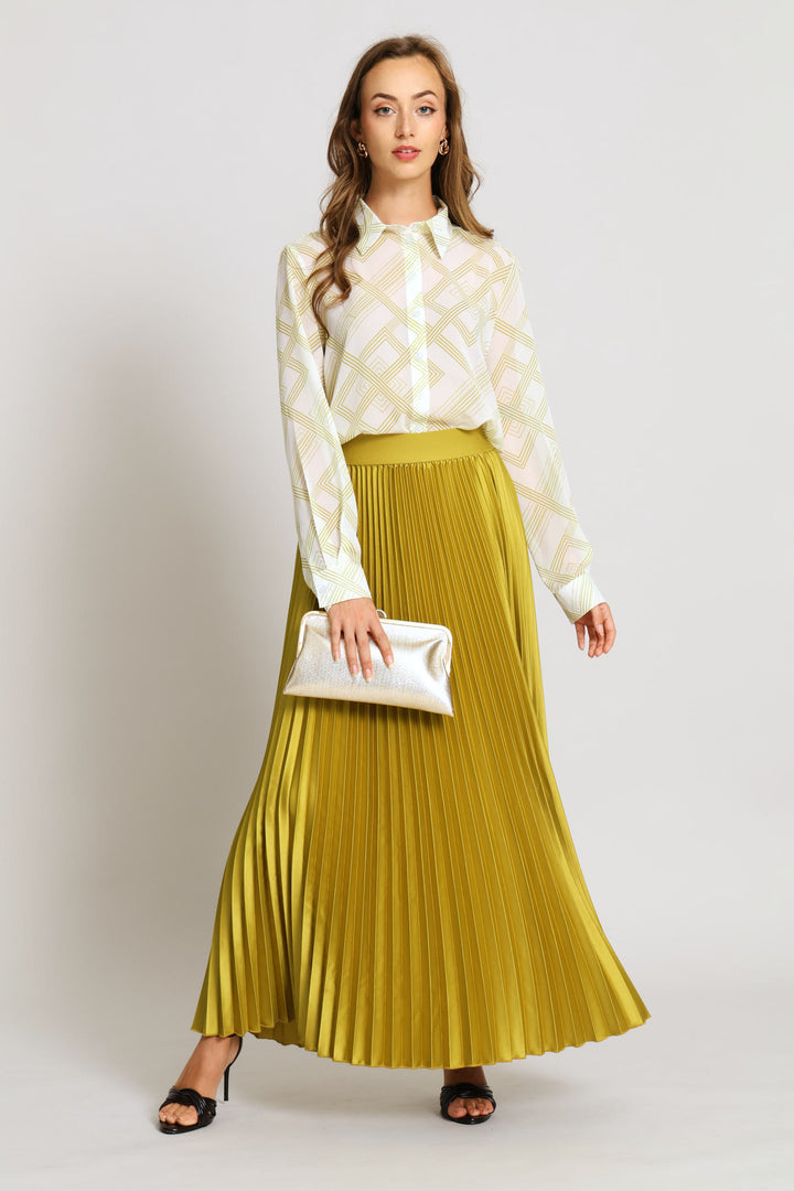 Pleated Satin Maxi Skirt  - Deep Chartreuse