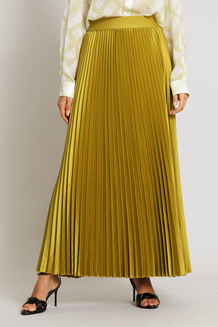 Pleated Satin Maxi Skirt  - Deep Chartreuse