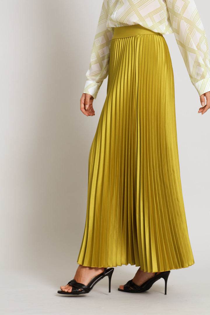 Pleated Satin Maxi Skirt  - Deep Chartreuse