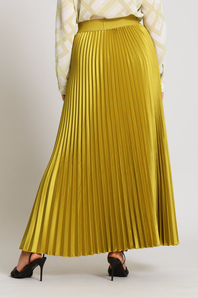 Pleated Satin Maxi Skirt  - Deep Chartreuse