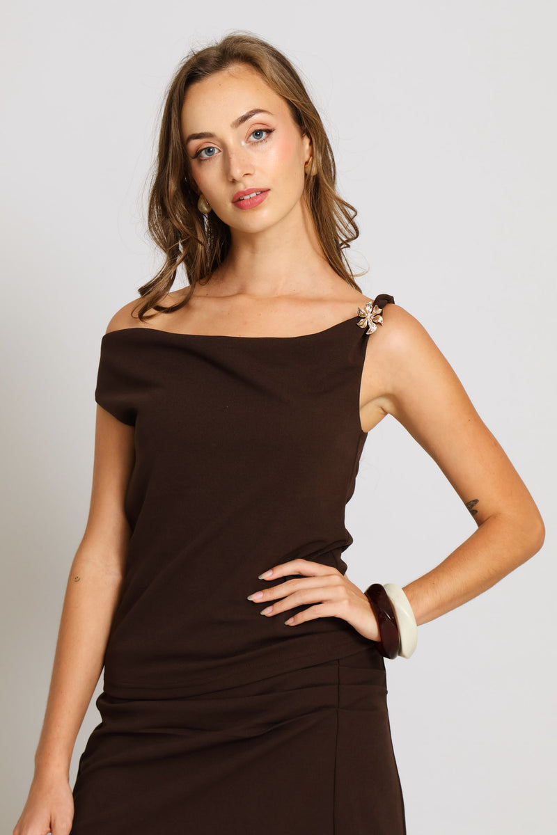 Twist Shoulder Brooch Top - Dark Chocolate