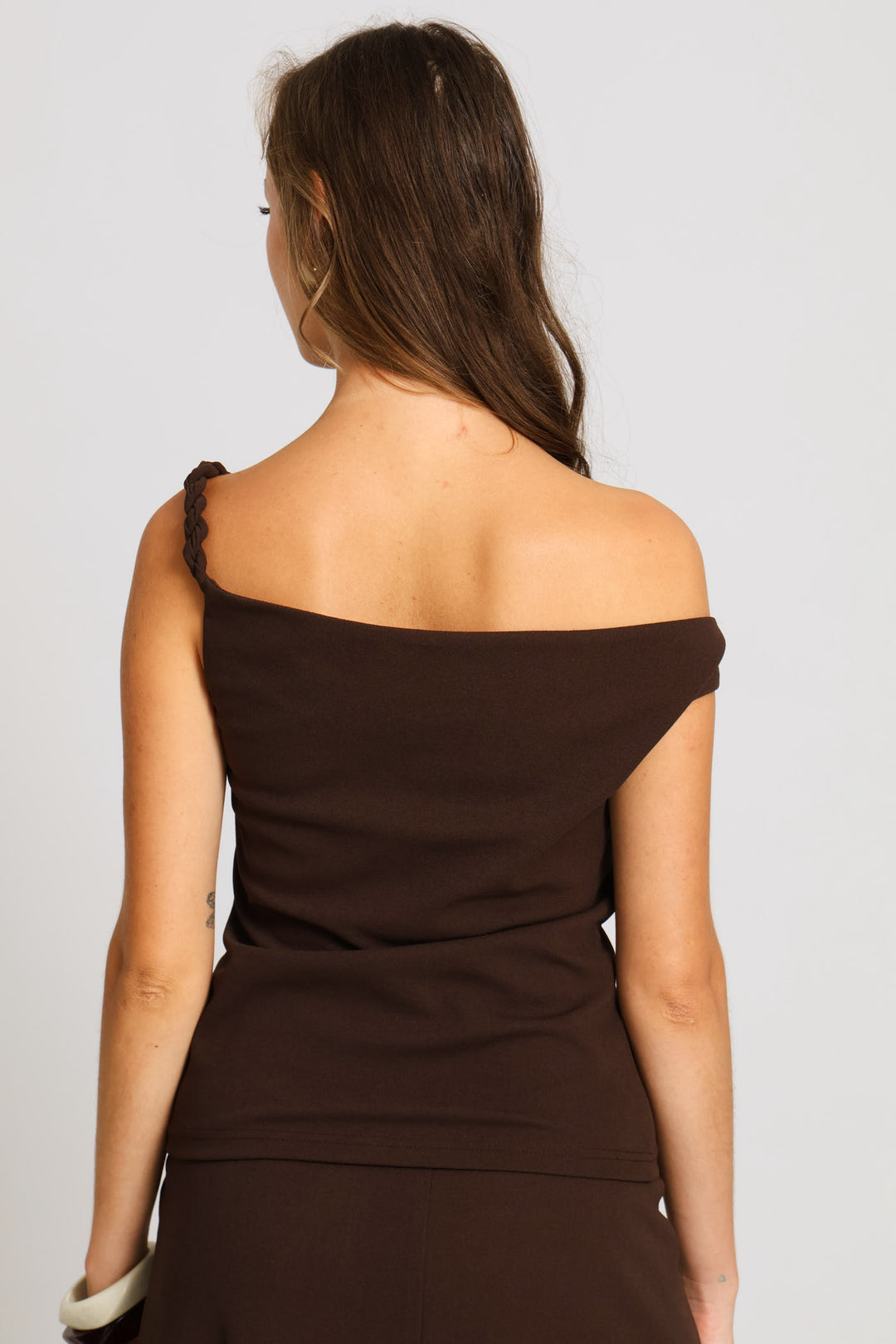 Twist Shoulder Brooch Top - Dark Chocolate