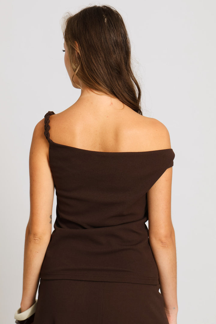 Twist Shoulder Brooch Top - Dark Chocolate