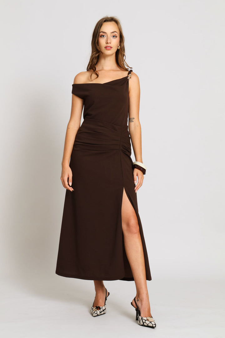 Twist Shoulder Brooch Top - Dark Chocolate