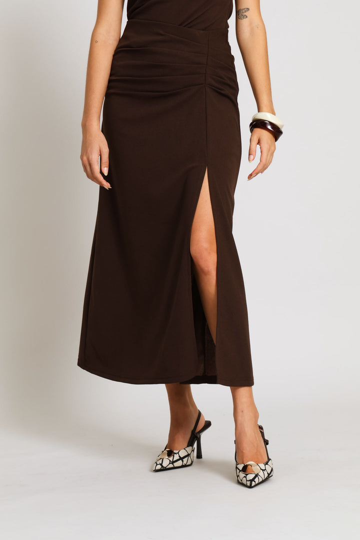 Ruched Flared Midi Skirt - Dark Chocolate